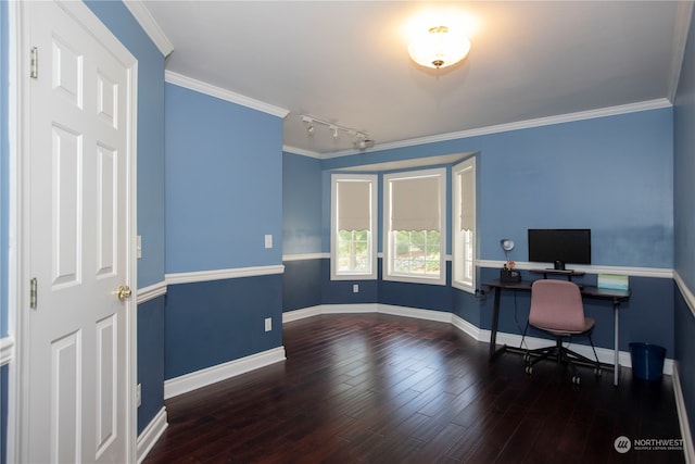 home office featuring crown molding, track lighting, and dark wood-type flooring