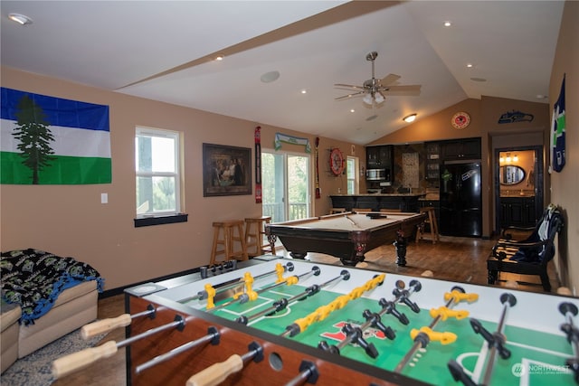 game room with ceiling fan, pool table, and vaulted ceiling