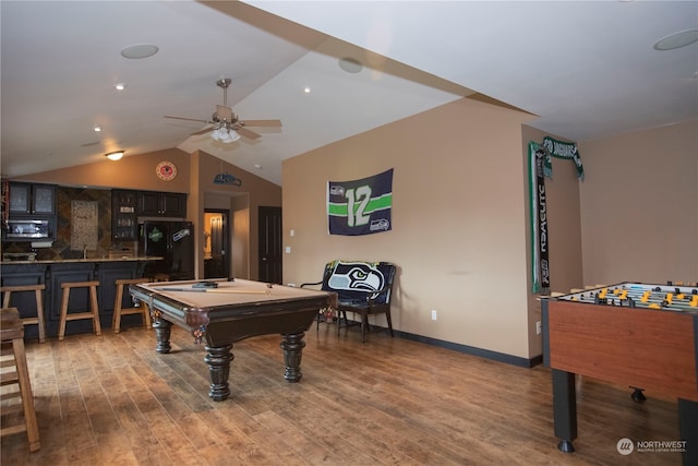 playroom featuring ceiling fan, hardwood / wood-style floors, vaulted ceiling, and billiards