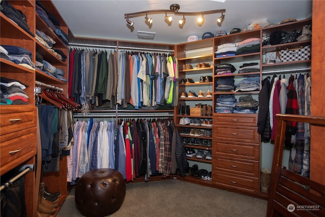 walk in closet featuring dark carpet