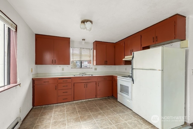 kitchen featuring sink, white appliances, a baseboard radiator, and light tile floors