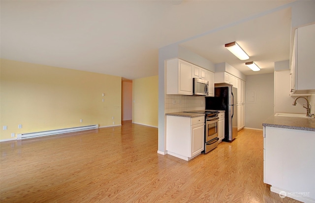 kitchen featuring sink, white cabinetry, light hardwood / wood-style flooring, appliances with stainless steel finishes, and a baseboard radiator