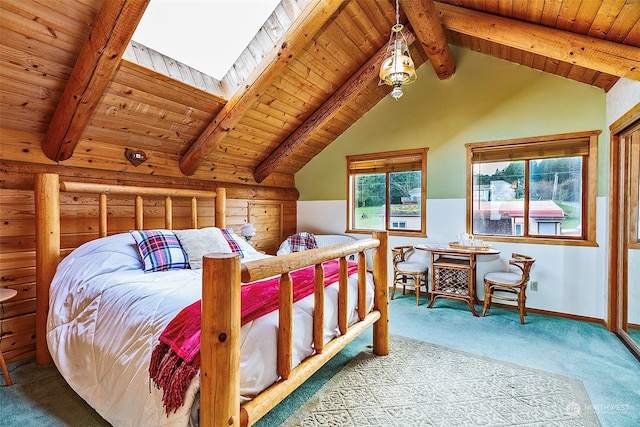 bedroom featuring wood ceiling, lofted ceiling with skylight, and light colored carpet