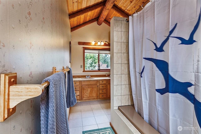 bathroom featuring vaulted ceiling with beams, wood ceiling, vanity, a shower with shower curtain, and tile patterned flooring