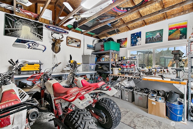 garage with a workshop area