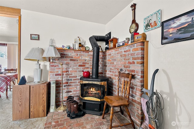 living room with carpet and a wood stove