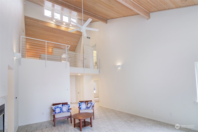 interior space featuring wood ceiling, ceiling fan, high vaulted ceiling, and beamed ceiling