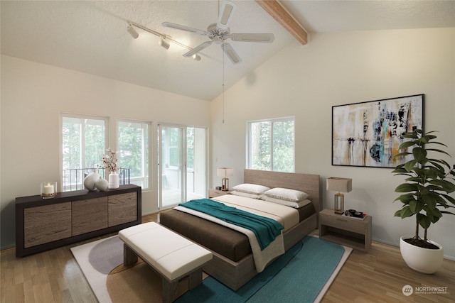 bedroom with ceiling fan, wood-type flooring, a textured ceiling, and access to exterior