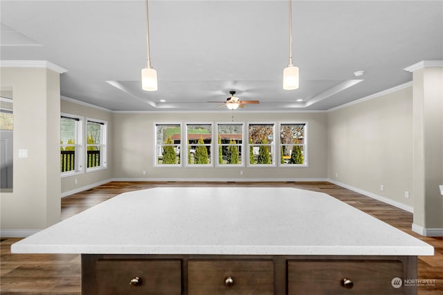 kitchen with crown molding, ceiling fan, hanging light fixtures, and dark wood-type flooring