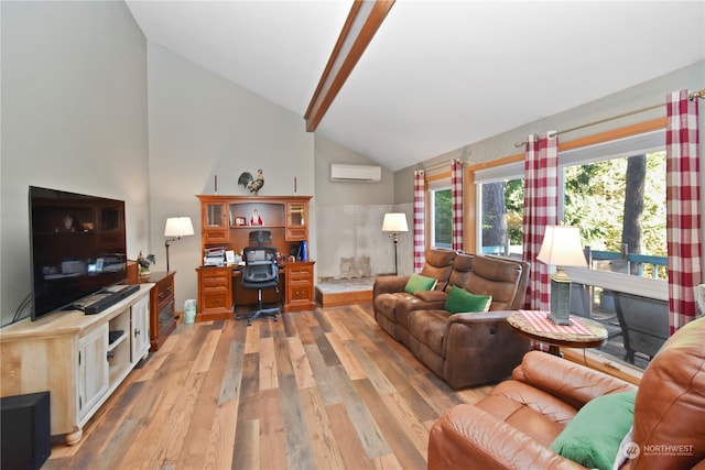 living room featuring a wall mounted AC, light hardwood / wood-style floors, high vaulted ceiling, and beamed ceiling