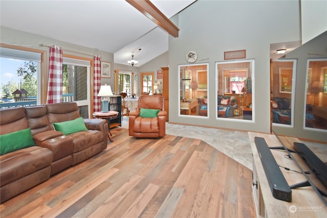 living room featuring an inviting chandelier, high vaulted ceiling, light hardwood / wood-style floors, and beamed ceiling