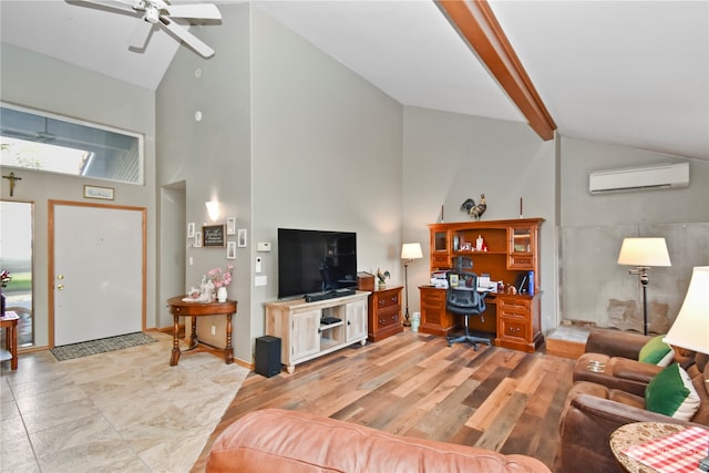 living room with ceiling fan, a wall mounted AC, beamed ceiling, light hardwood / wood-style floors, and high vaulted ceiling