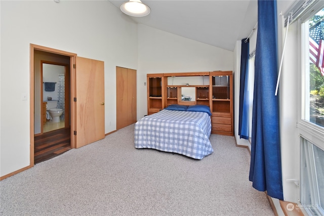 bedroom featuring multiple windows, light carpet, and ensuite bath