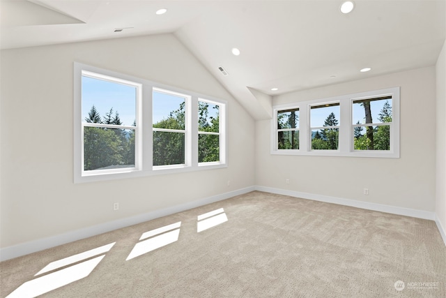 interior space with carpet floors and vaulted ceiling