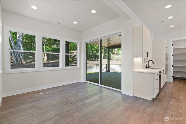 interior space featuring decorative backsplash, sink, wood-type flooring, and white cabinetry