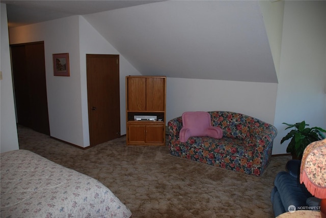 bedroom featuring carpet flooring and lofted ceiling