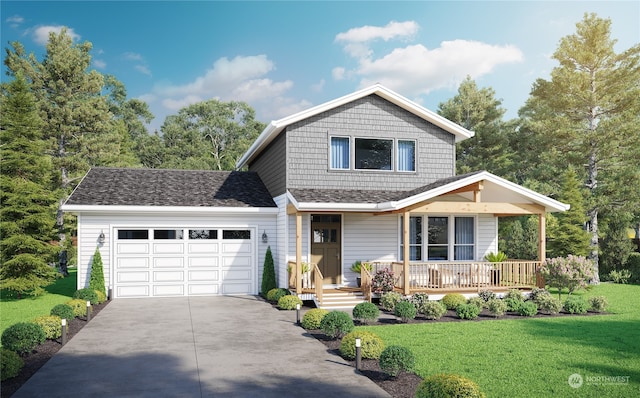 front facade with covered porch, a front lawn, and a garage