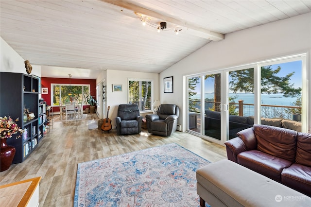 living room featuring lofted ceiling with beams, a water view, light wood-type flooring, and plenty of natural light