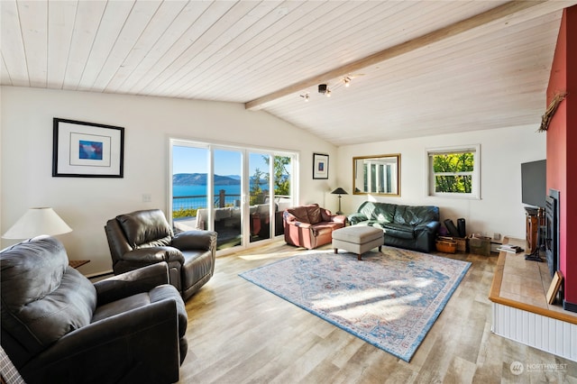 living room with a healthy amount of sunlight, vaulted ceiling with beams, a water and mountain view, and track lighting