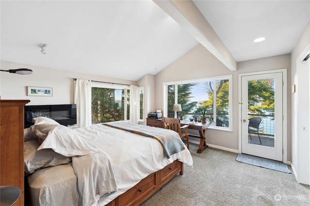 carpeted bedroom with access to exterior and vaulted ceiling with beams