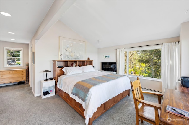 carpeted bedroom with vaulted ceiling with beams, baseboard heating, and multiple windows