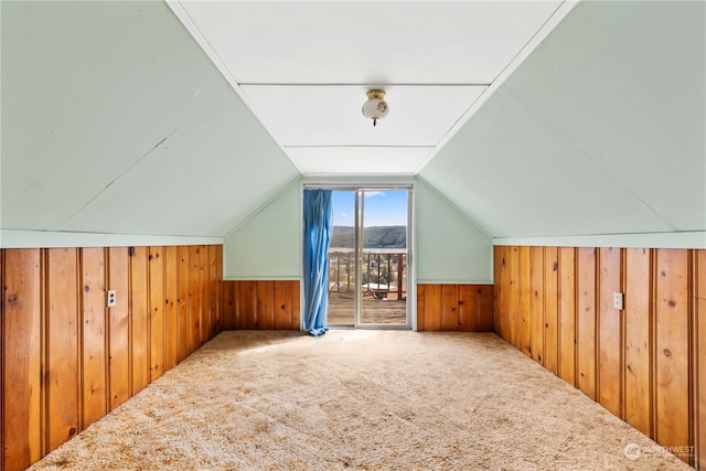 bonus room featuring wood walls, carpet, vaulted ceiling, and wainscoting