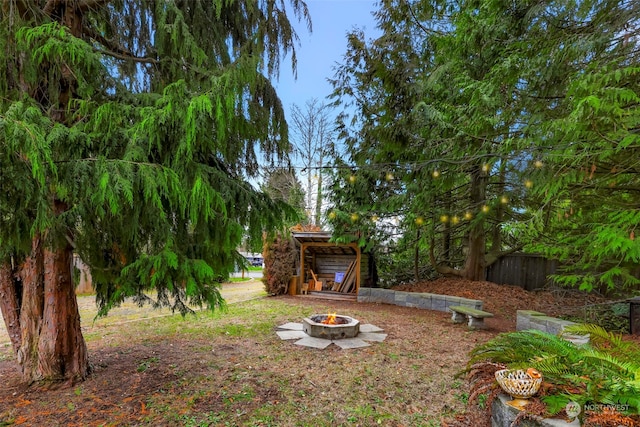 view of yard with an outdoor fire pit