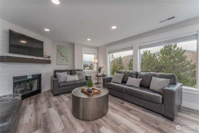 living room featuring plenty of natural light and light hardwood / wood-style flooring