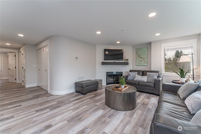 living room with a large fireplace and light hardwood / wood-style flooring