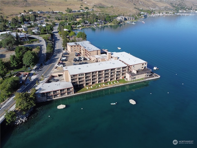 drone / aerial view with a water view