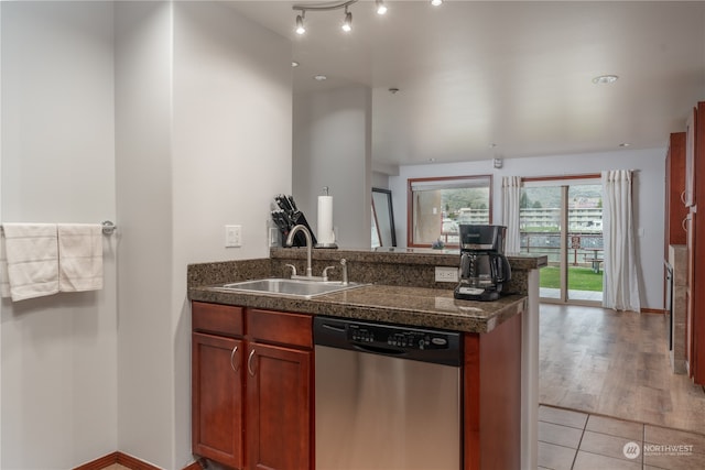 kitchen with stainless steel dishwasher, track lighting, light wood-type flooring, and sink