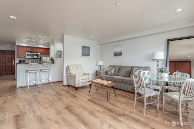 living room featuring light hardwood / wood-style flooring and track lighting