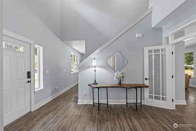 entryway with dark hardwood / wood-style flooring and high vaulted ceiling