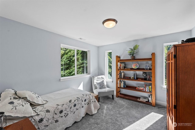 bedroom with dark colored carpet