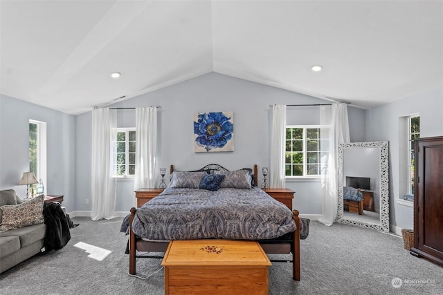 carpeted bedroom with multiple windows and vaulted ceiling