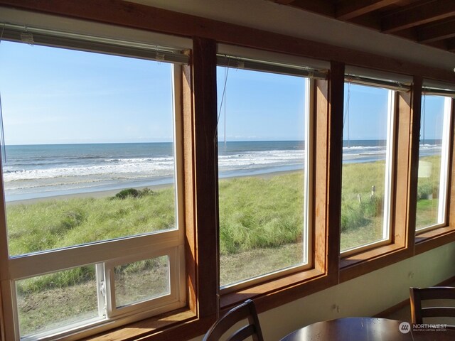 interior space featuring a beach view