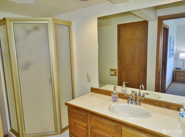 bathroom with walk in shower and vanity