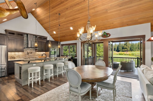 dining room with dark hardwood / wood-style flooring, high vaulted ceiling, wooden ceiling, and a chandelier