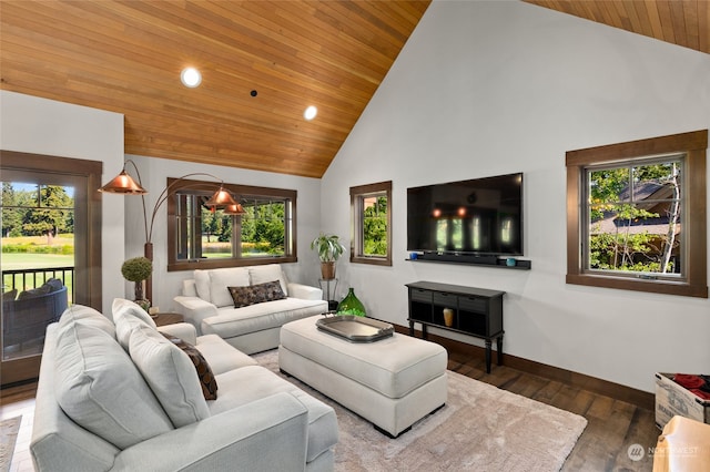 living room featuring dark hardwood / wood-style floors, high vaulted ceiling, wood ceiling, and a healthy amount of sunlight