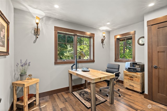 office area with dark hardwood / wood-style floors
