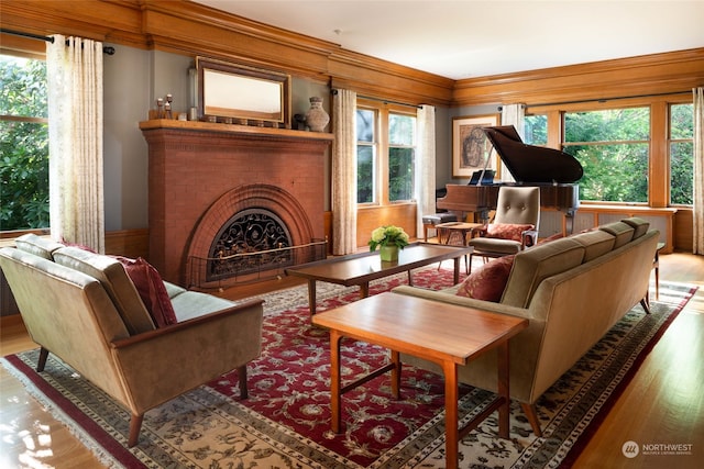 living room with light hardwood / wood-style flooring, a fireplace, and a wealth of natural light