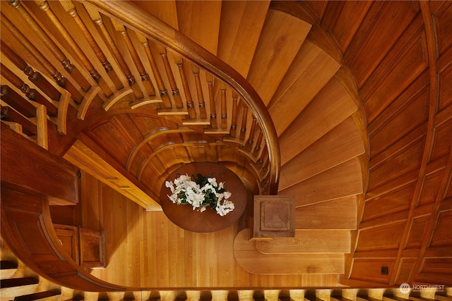 stairway with wooden walls