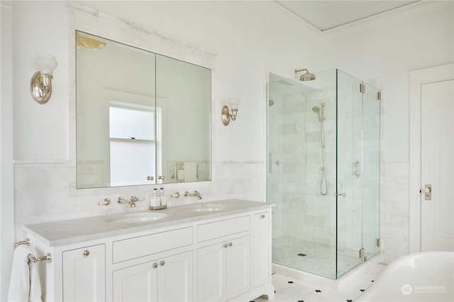 bathroom featuring crown molding, separate shower and tub, double sink vanity, and tile flooring