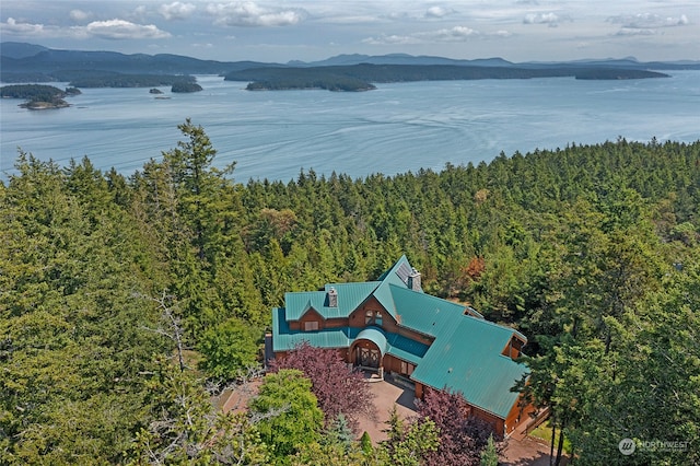 aerial view featuring a water and mountain view