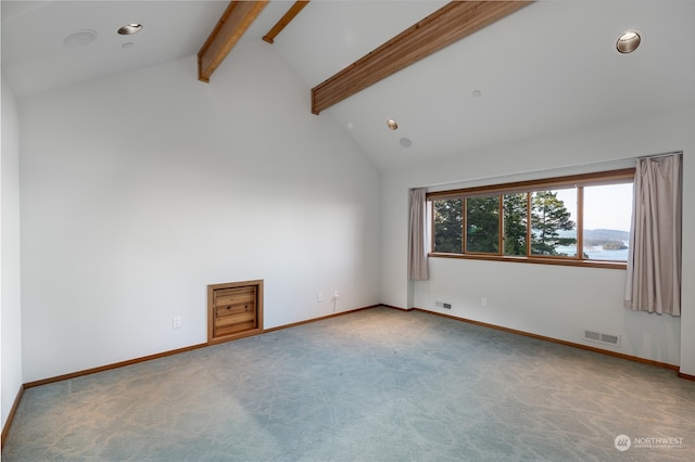 unfurnished room featuring high vaulted ceiling, light carpet, and beamed ceiling