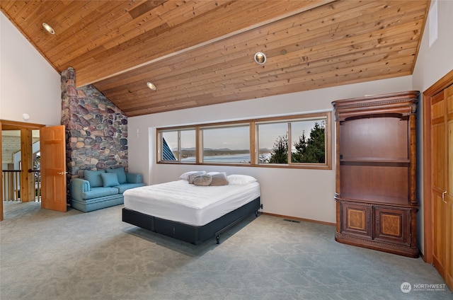 bedroom with wooden ceiling, carpet, high vaulted ceiling, and multiple windows