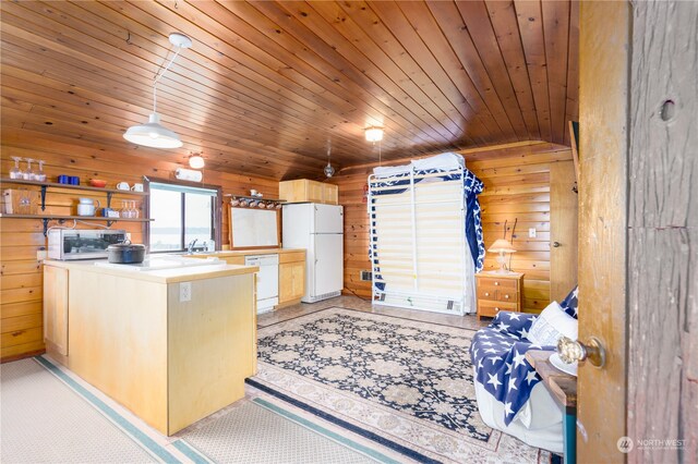 kitchen featuring hanging light fixtures, light tile flooring, white appliances, wood walls, and wood ceiling