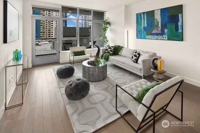 living room with floor to ceiling windows and light hardwood / wood-style floors