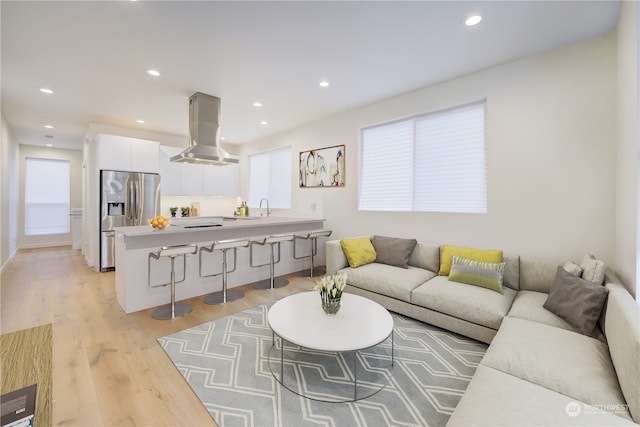 living room featuring sink and light hardwood / wood-style floors