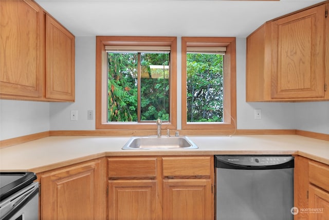 kitchen with range, stainless steel dishwasher, and sink